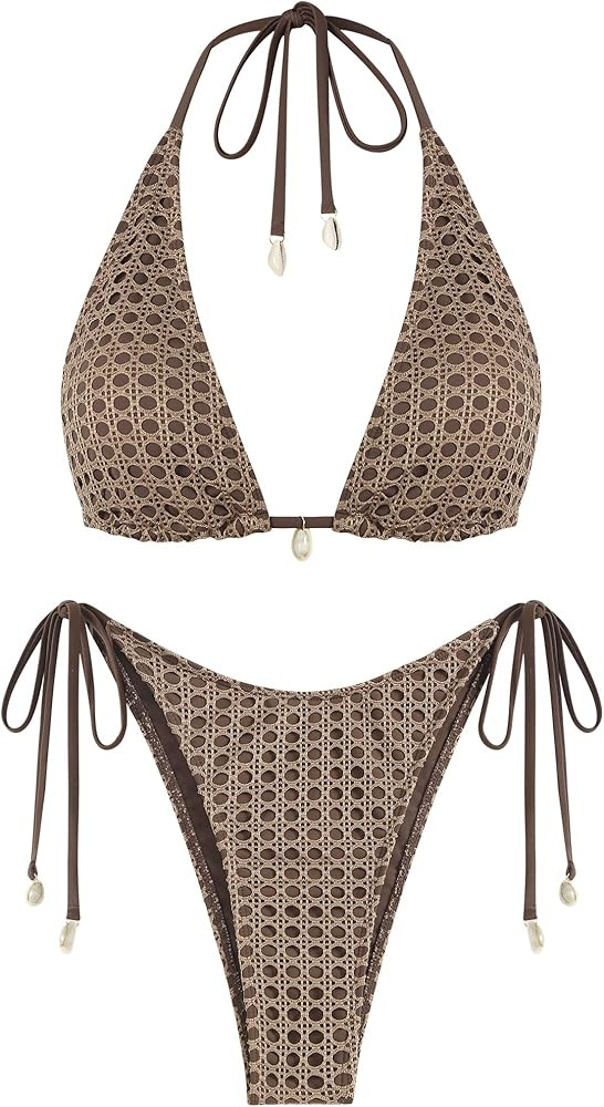 ZAFUL Women's Triangle Bikini Multiway Fishnet Tie Side Bandeau Halter String Bikini Set Two Piec... | Amazon (US)
