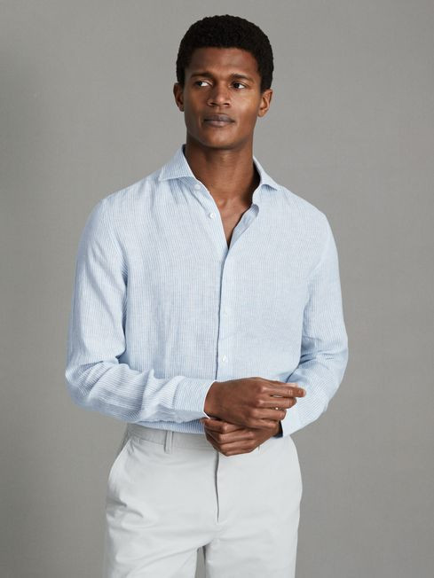 Reiss Soft Blue Fine Stripe Ruban Linen Button-Through Shirt | Reiss UK