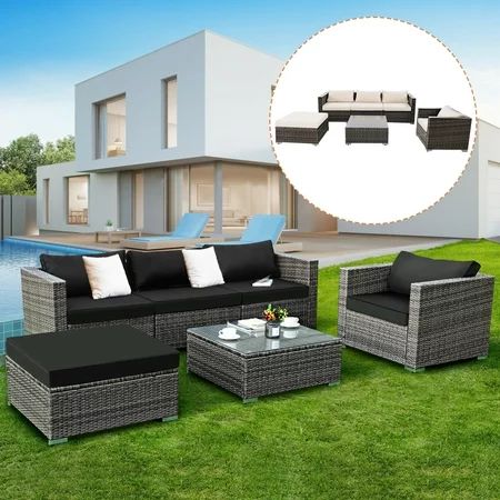 Costway 6-piece Patio Rattan Wicker Furniture Set Sectional Sofa Couch with2 Set Cushion Cover | Walmart (US)