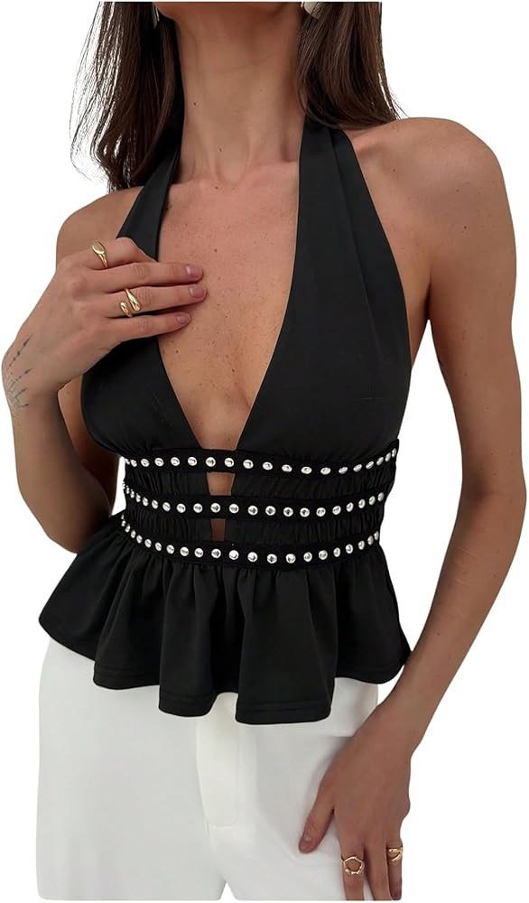 Verdusa Sexy Going Out Tops for Women Y2k Beaded Halter Tops Ruffle Deep V Neck Sleeveless Clubwe... | Amazon (US)