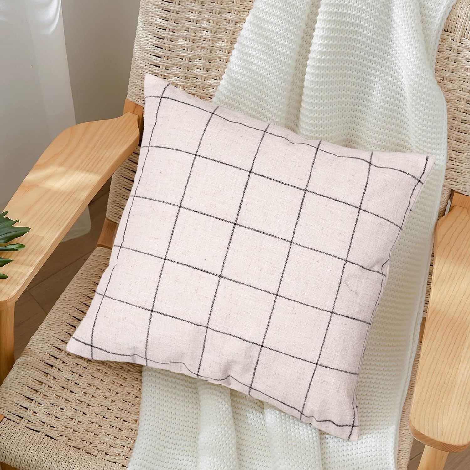 Basic Model Set of 2 Plaid Throw Pillow Covers Modern Farmhouse Decorative Square Linen Pillow Ca... | Amazon (US)