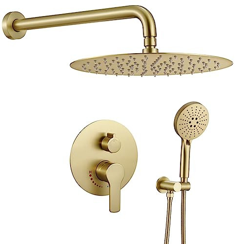Brushed Gold Shower System 12 Inch Shower Faucet Set for Bathroom, High Pressure Gold Rain Shower Head with Handheld Spray, Rainfall Brushed Gold Shower Fixtures | Amazon (US)
