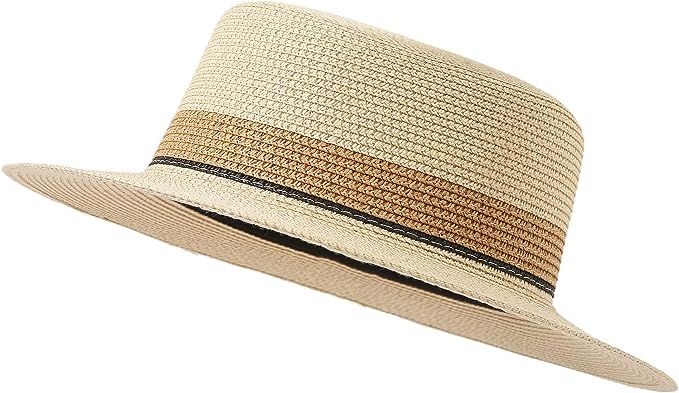 Lanzom Sun Hats for Women Wide Brim Straw Boater Hat Foldable Packable Beach Hat for Summer | Amazon (US)