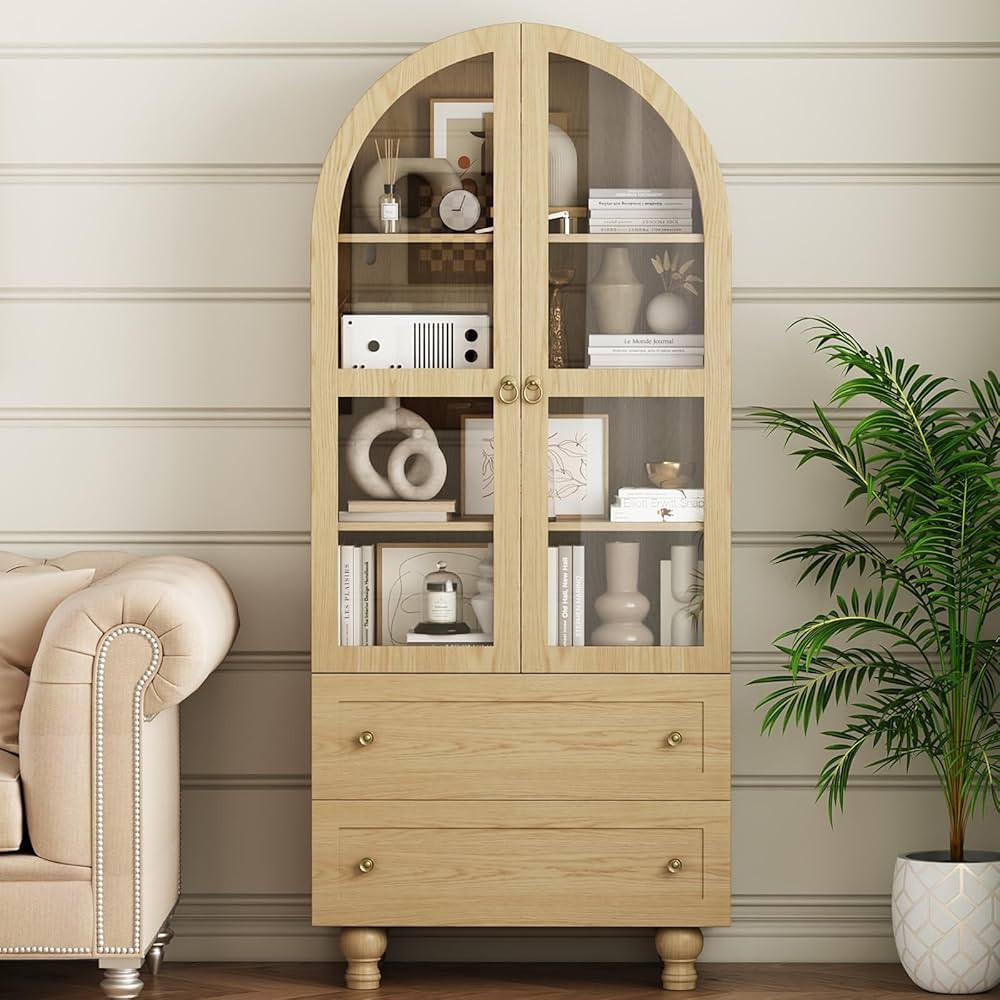 71" Tall Modern Arched Pantry Cabinet, 4-Tier Wood Display Cabinet with Glass Doors & 2 Storage D... | Amazon (US)