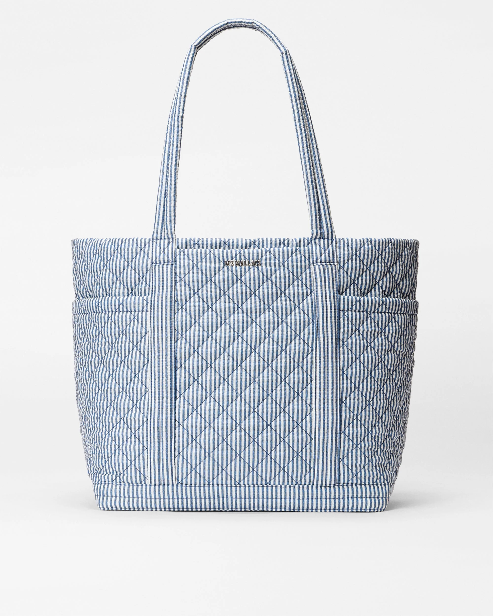 MZ Wallace Seersucker Blue & White Large Empire Tote Bag - Luxury Tote Handbags | MZ Wallace | MZ Wallace