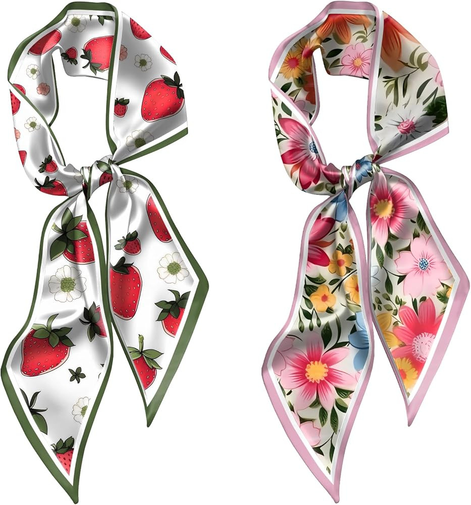 2PCS Hair Head Scarf Silk Feeling Long Satin Neck Satin Scarves for Handbag Cute Decoration Aesth... | Amazon (US)