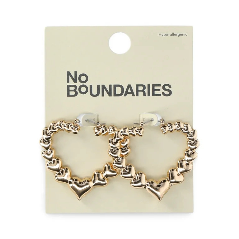 No Boundaries Gold Tone Heart Hoop Earrings, Women’s | Walmart (US)