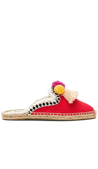 Soludos Frayed-Edge Pom Pom Mule in Red Multi | Revolve Clothing