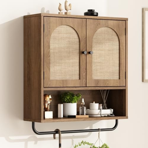 RUSTOWN Rattan Bathroom Wall Cabinet, Boho Medicine Cabinet with 2 Arched Doors, Farmhouse Over T... | Amazon (US)