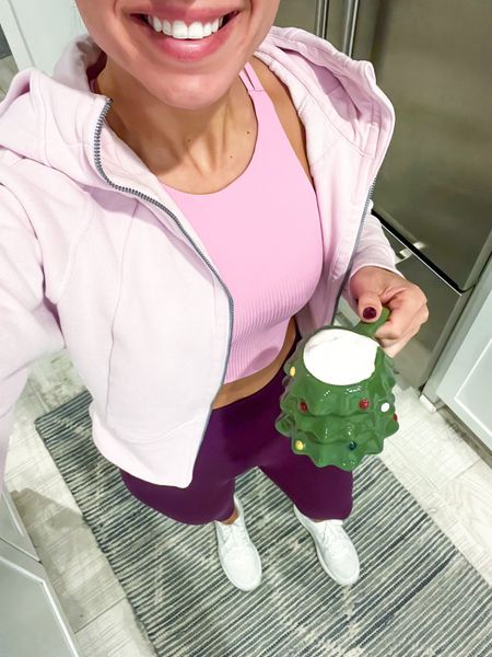 Lululemon like a cloud high neck sports bra (sz 4). Lululemon crop scuba hoodie (sz 4, I sized up 1). Lululemon align leggings. Target Christmas mug. Lululemon strongfeel training shoes (TTS). 

#LTKGiftGuide #LTKshoecrush #LTKfitness