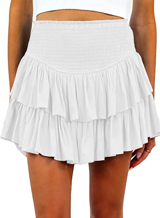 Women Mini Skirts Smocked A Line Flared Ruffle Hem Casual Short Skirt Shorts | Amazon (US)