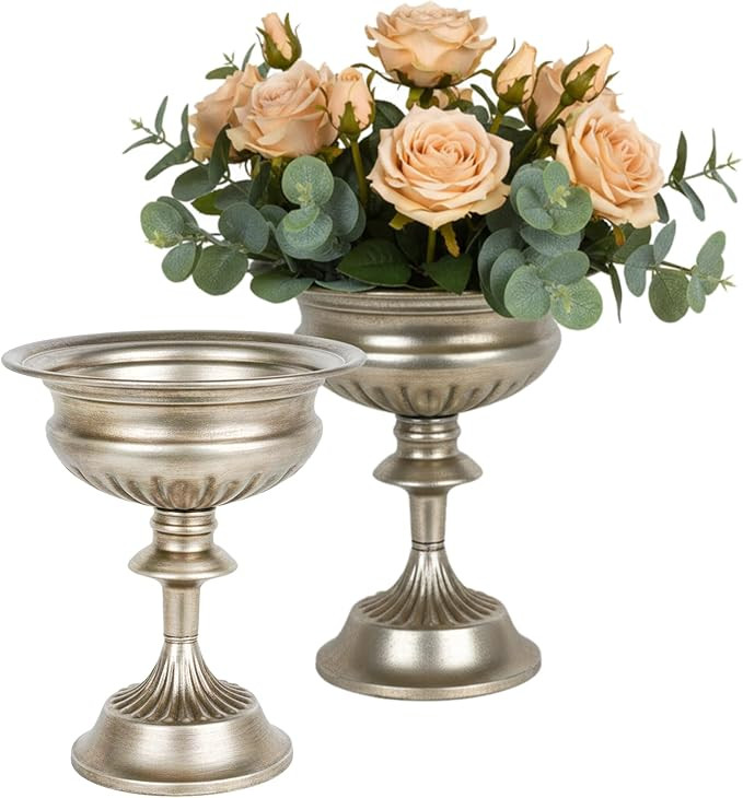 WORTH Small Urn Vases for Centerpieces Set of 2, Classic Metal Trumpet Flower Pots for Table, Bow... | Amazon (US)