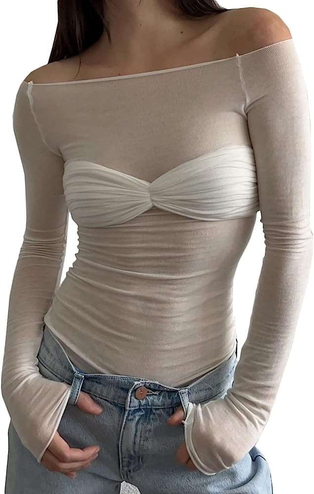 Women's Sexy Crop Top Long Sleeve Off Shoulder Going Out Tops Slim Fit Mesh Ruched Twisted Blouse... | Amazon (US)
