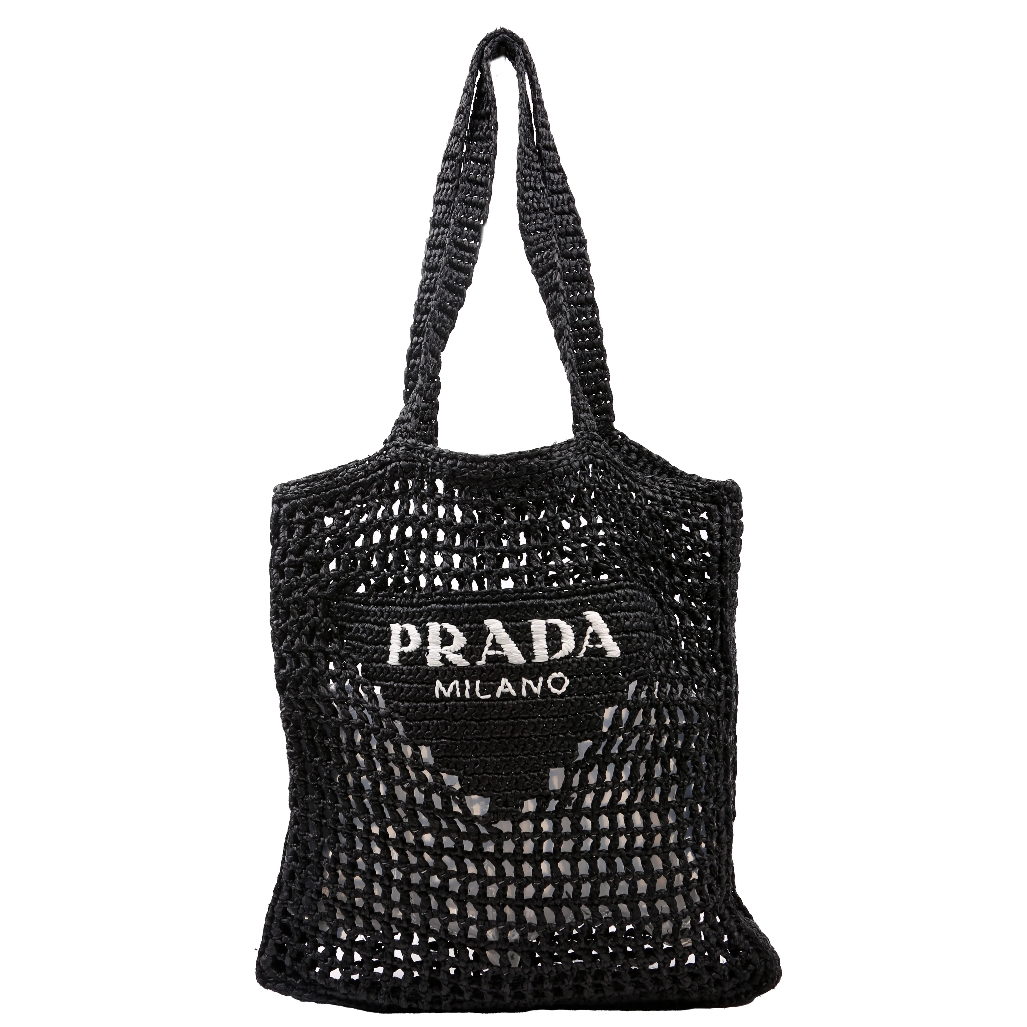1BG393 Raffia Crochet Tote Bag Black | Keeks Designer Handbags