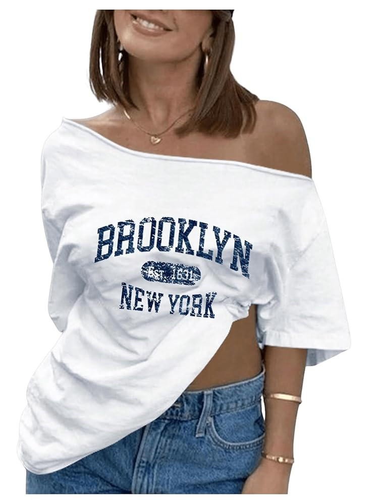 SOLY HUX Women's Oversized Graphic Tees Off Shoulder Short Sleeve Asymmetrical Neck T Shirt Tops | Amazon (US)