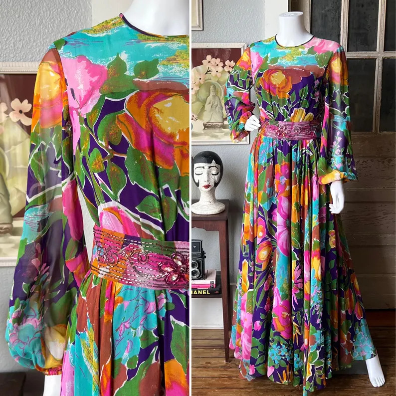 1970’s Vintage Deadstock Screen Printed Foral Gown - Etsy | Etsy (US)