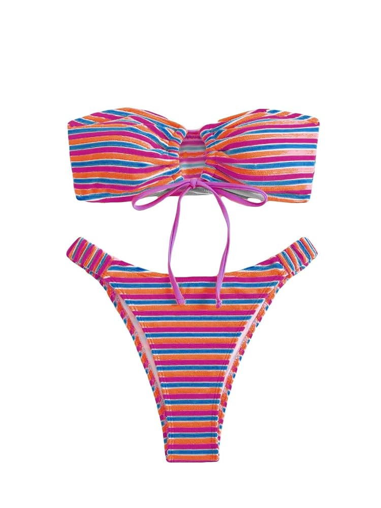 Women's Striped Printed Bandeau Bathing Suit High Waisted Swimsuit Bikini Set | Amazon (US)