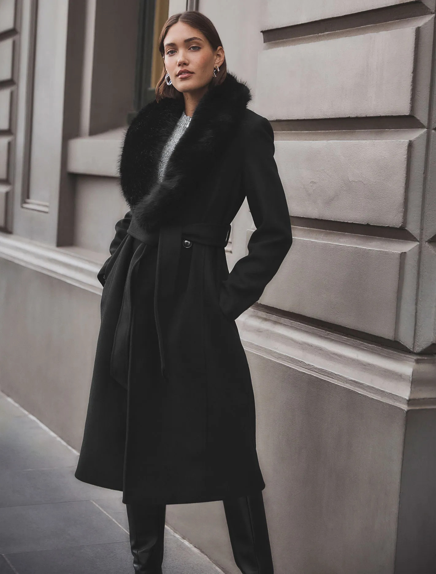 Monica Faux Fur Collar Wrap Coat | Ever New (CA)