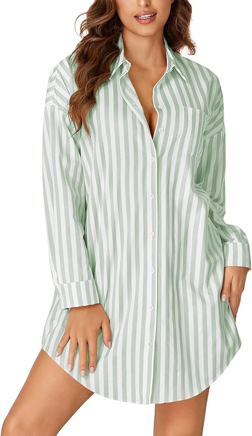 LYANER Women's Striped Nightgown Collar V Neck Long Sleeve Sleep Shirts Button Down Nightshirt Ni... | Amazon (US)