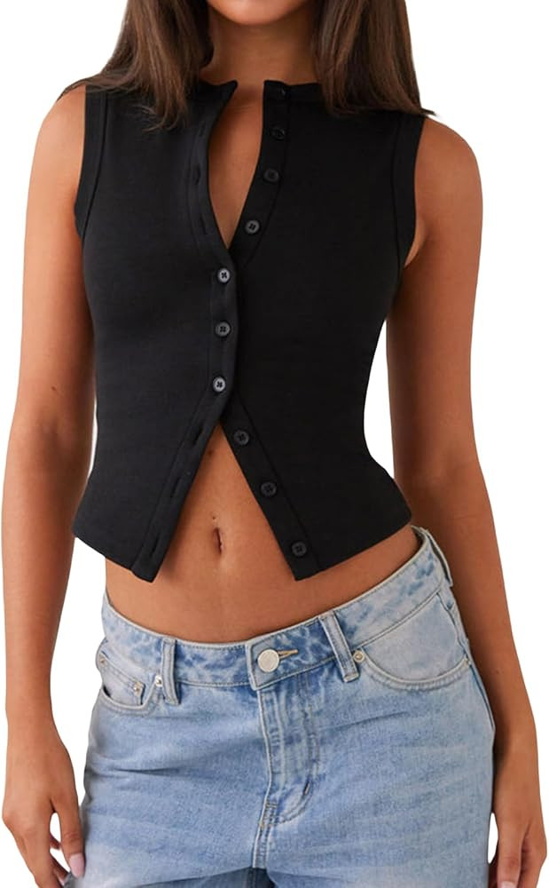 Mxiqqpltky Knit Tank Tops for Women Y2k Sleeveless Crewneck Button Down Slim Fitted Ribbed Sweate... | Amazon (US)