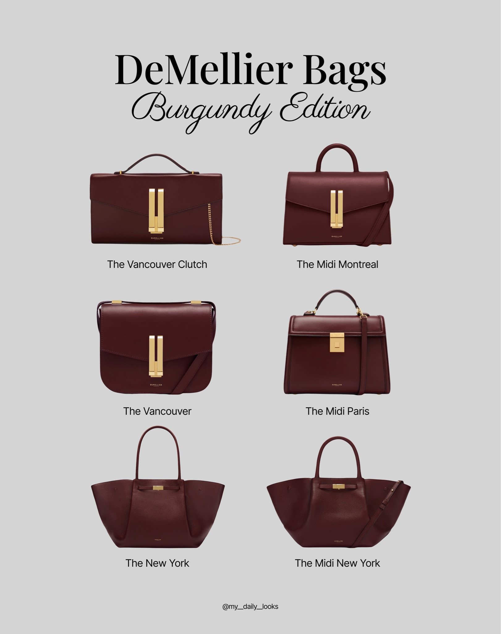 Gorgeous DeMellier bags in burgundy colour 🖤 

Tags: burgundy, cherry red, chocolate brown, fall style, pre-fall, autumn style, fall outfit, autumn outfit, fall fashion, autumn fashion, easy styling, simple everyday look, chic & basic outfit, Parisian look, casual outfit, capsule wardrobe, office look, brunch style, high street, The Vancouver Clutch, The Midi Montreal, The Midi Paris, The Vancouver, The New York, The Midi New York.

#LTKstyletip #LTKautumn #LTKbag