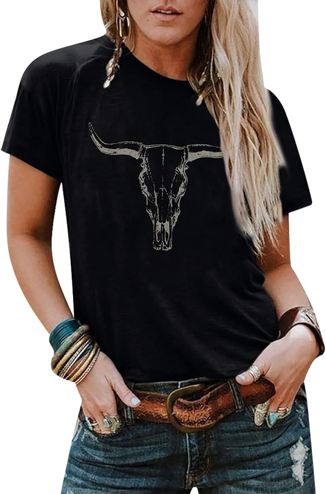 Boho Cow Skull Shirt Women Cowgirl t Shirt Vintage Western Rodeo Graphic Tee Short Sleeve Bull Sk... | Amazon (US)