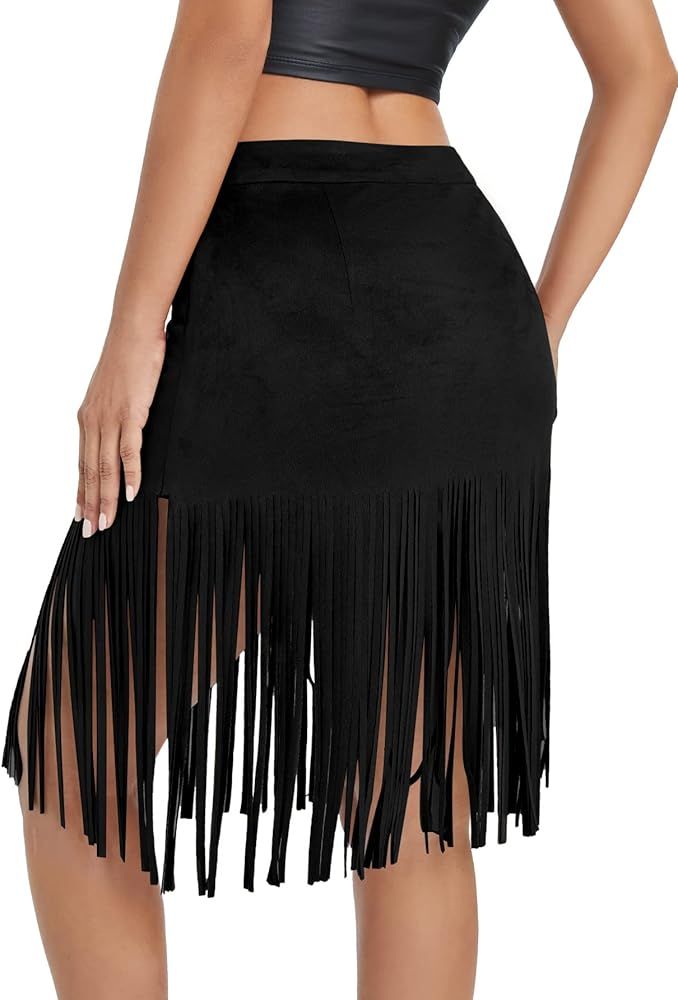 Verdusa Women's Tassel Fringe Trim High Waist Faux Suede Midi Skirt | Amazon (US)