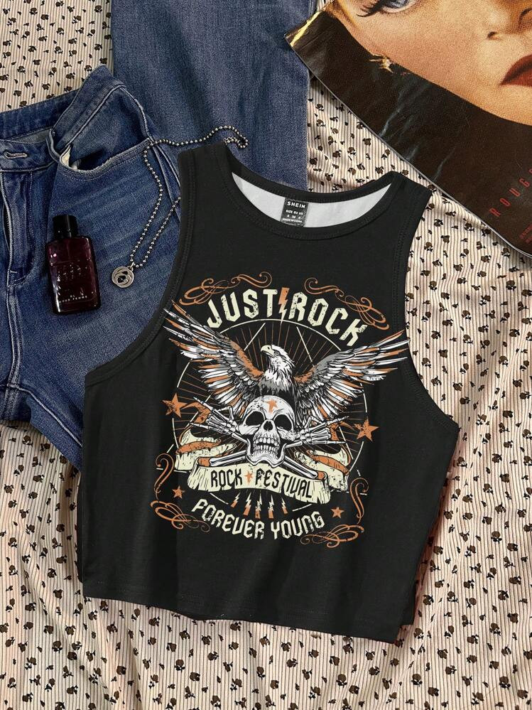 Attitoon Casual Skull & Eagle Rock Print Black Form-Fitting Sleeveless Tank Top For Women, Suitable For Summer Music Festivals Suitable For Going Out Chic | SHEIN