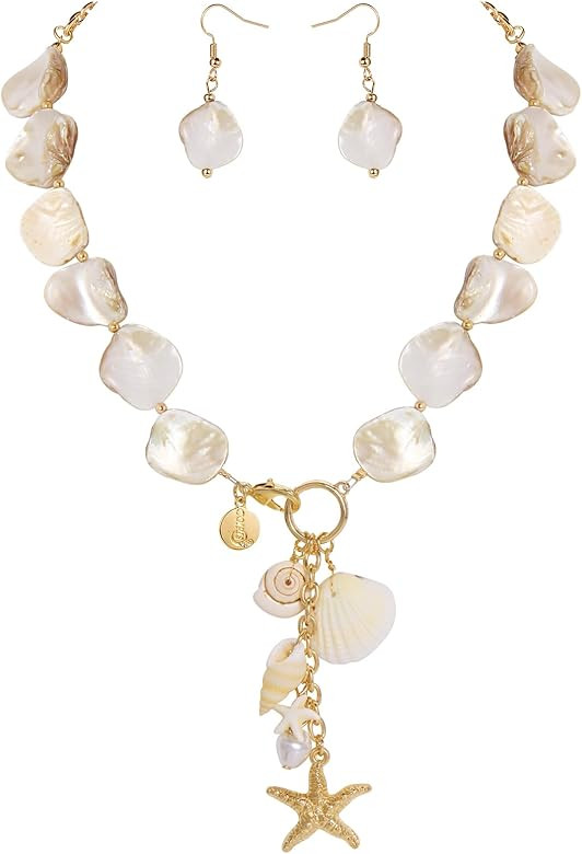 Coiris Natural Seashell Choker Necklaces Earrings Jewelry Set for Women Starfish Shell Freshwater... | Amazon (US)