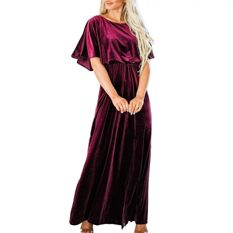 ALSLIAO Elegant Womens Velvet Long Sleeve Maxi Dress Winter Evening Party Formal Dresses Wine Red... | Walmart (US)