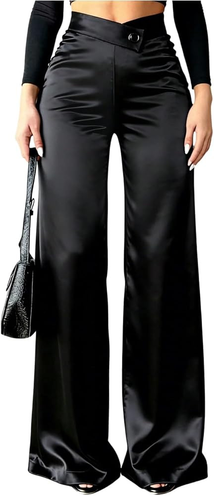 OYOANGLE Women's Satin Straight Leg Pants High Waist Business Casual Pants | Amazon (US)
