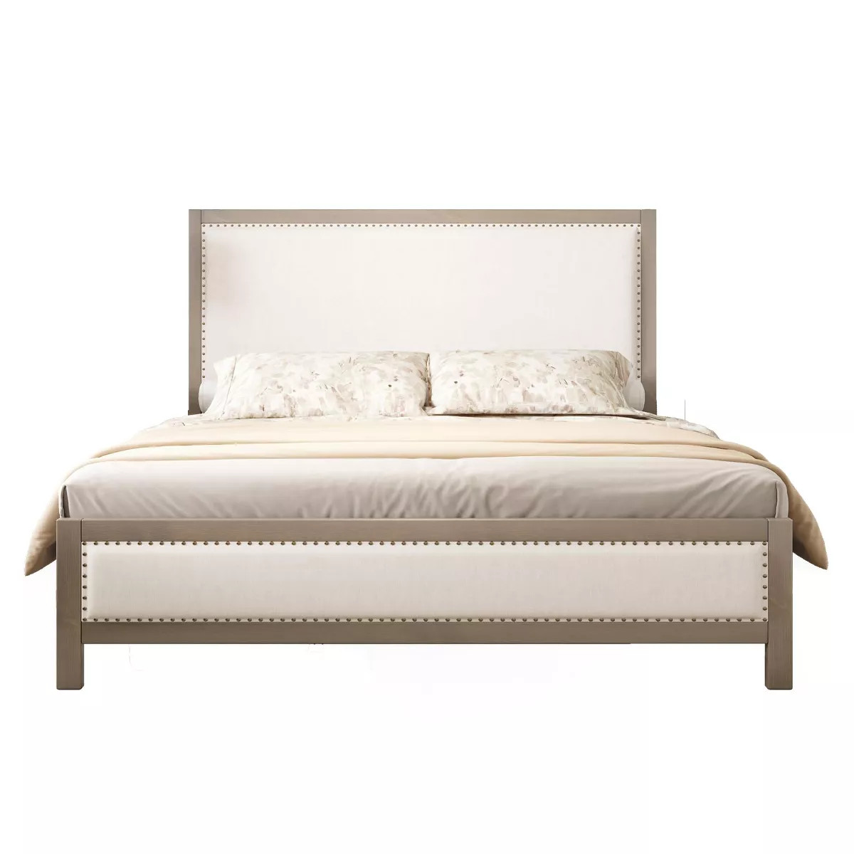 AMERLIFE Upholstered Solid Wood Bed Frame with Linen Headboard & Footboard Nailhead Trim | Target
