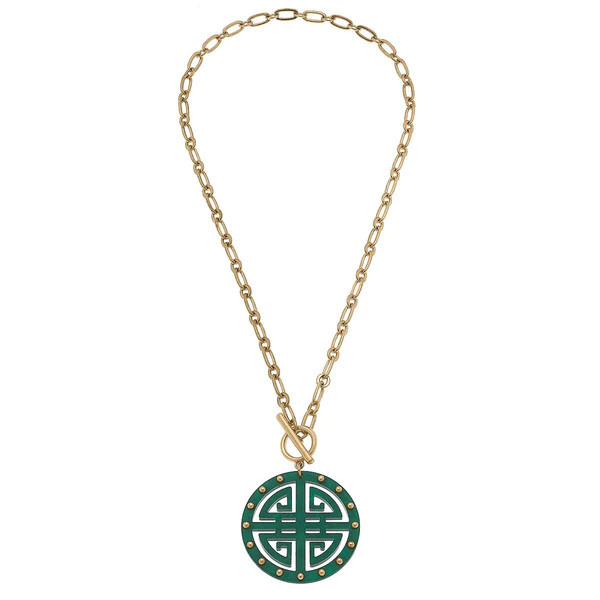Tara Greek Keys Resin Pendant Necklace in Green | CANVAS