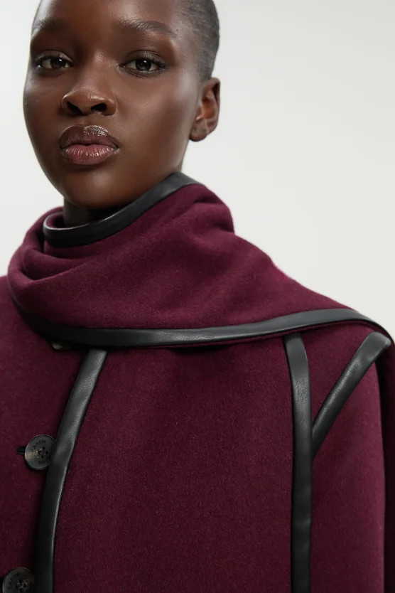 Petite Brushed Wool Pu Mix Detachable Scarf Tailored Crop Coat | Karen Millen UK + IE + DE + NL