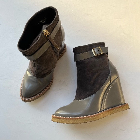 [paloma barcelo] RARE indo suede leather wedge buckle ankle booties gray 38 | Poshmark
