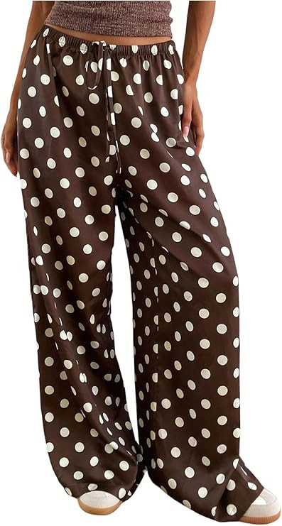 MakeMeChic Women's Satin Silk Wide Leg Pants Low Waist Baggy Pants Lounge Bottoms | Amazon (US)