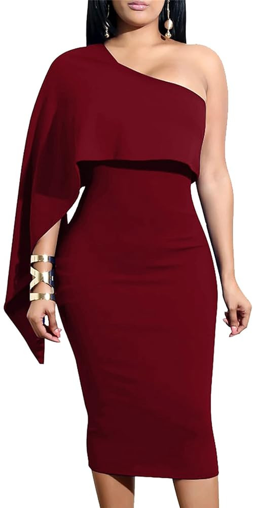 GOBLES Women's Summer Sexy One Shoulder Ruffle Bodycon Midi Cocktail Dress | Amazon (US)