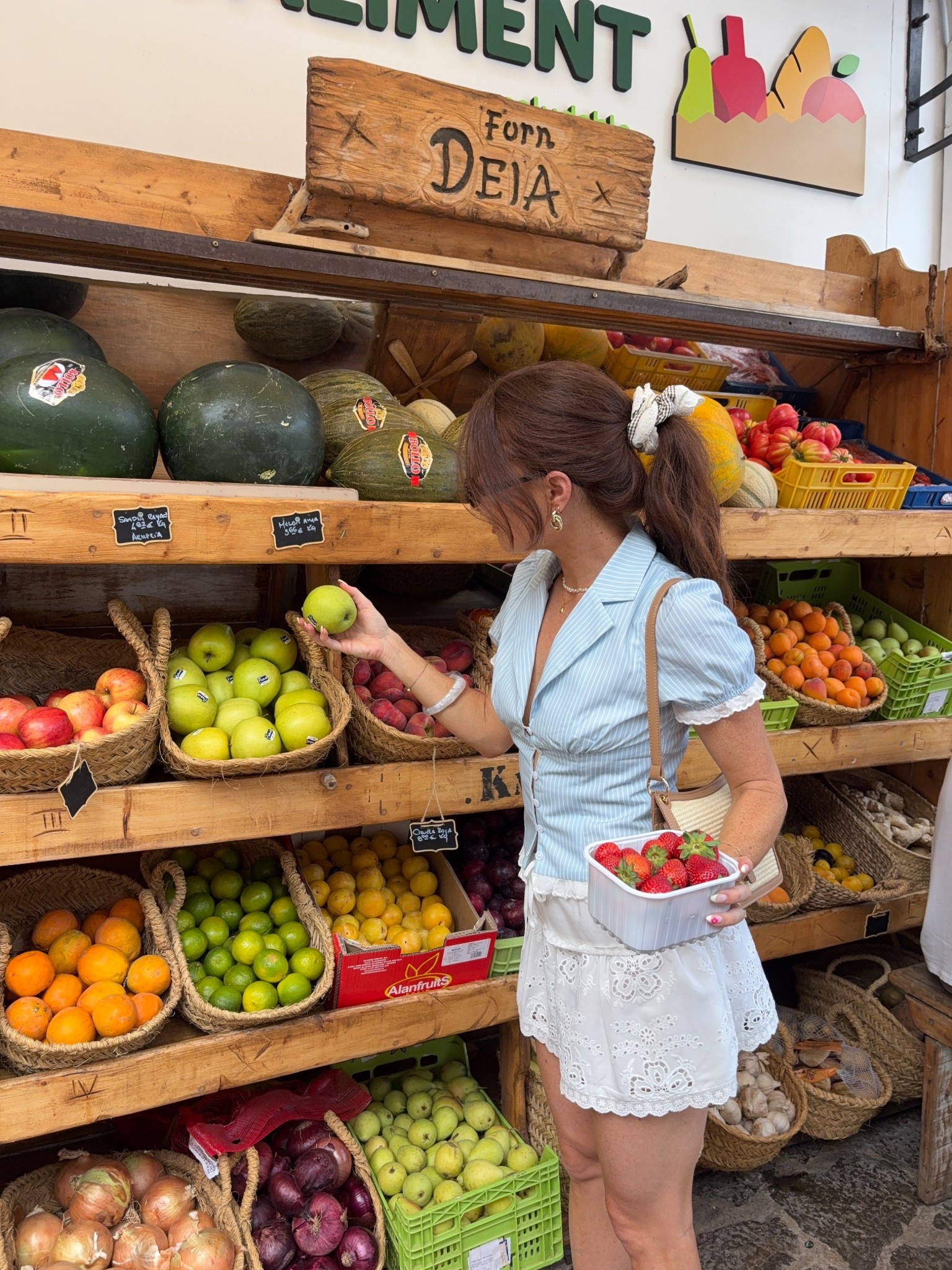 Euro summer outfit in mallorca! Wearing a blue and white striped ruffle button short sleeve top and a white mini ruffle embroidered skirt 

#LTKSeasonal #LTKSaleAlert #LTKPetite