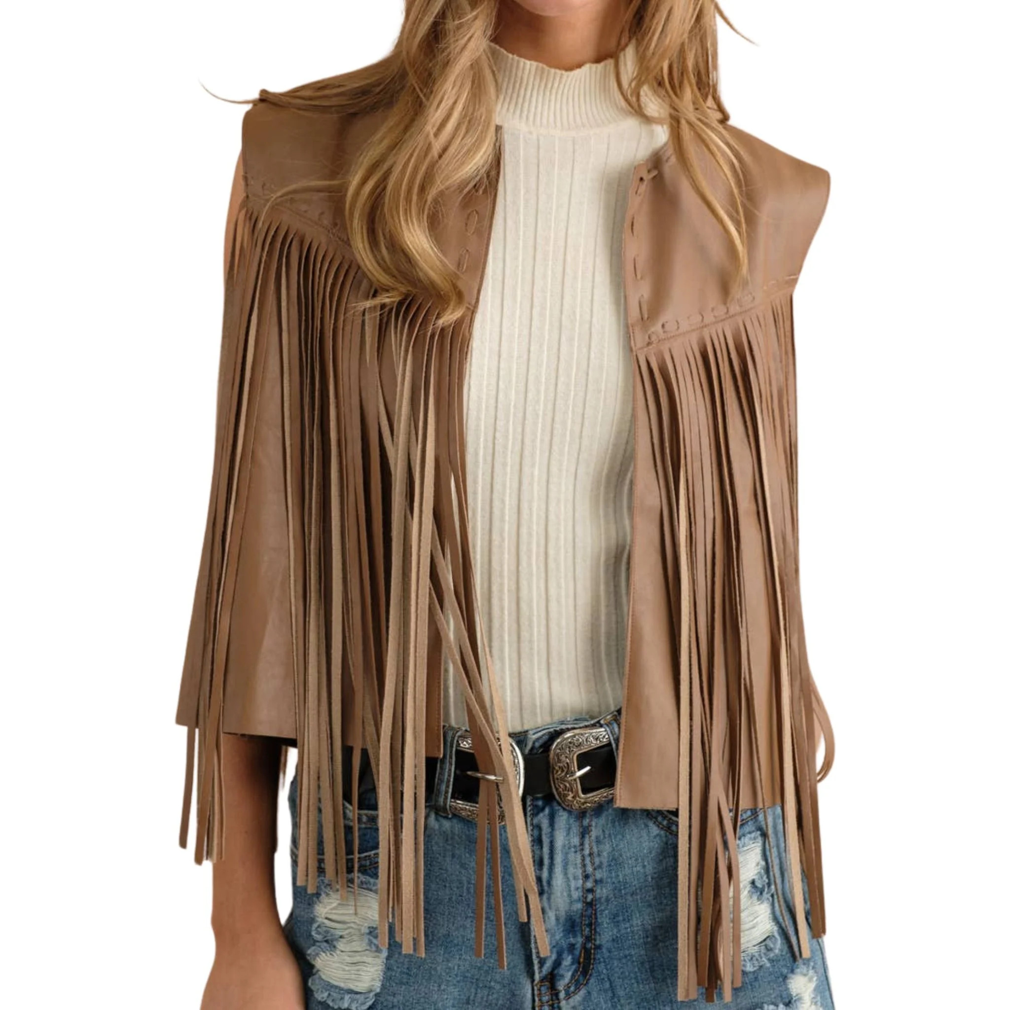 Faux Leather Fringe Braided Yoke Crop Waist Vest | Christina Greene 
