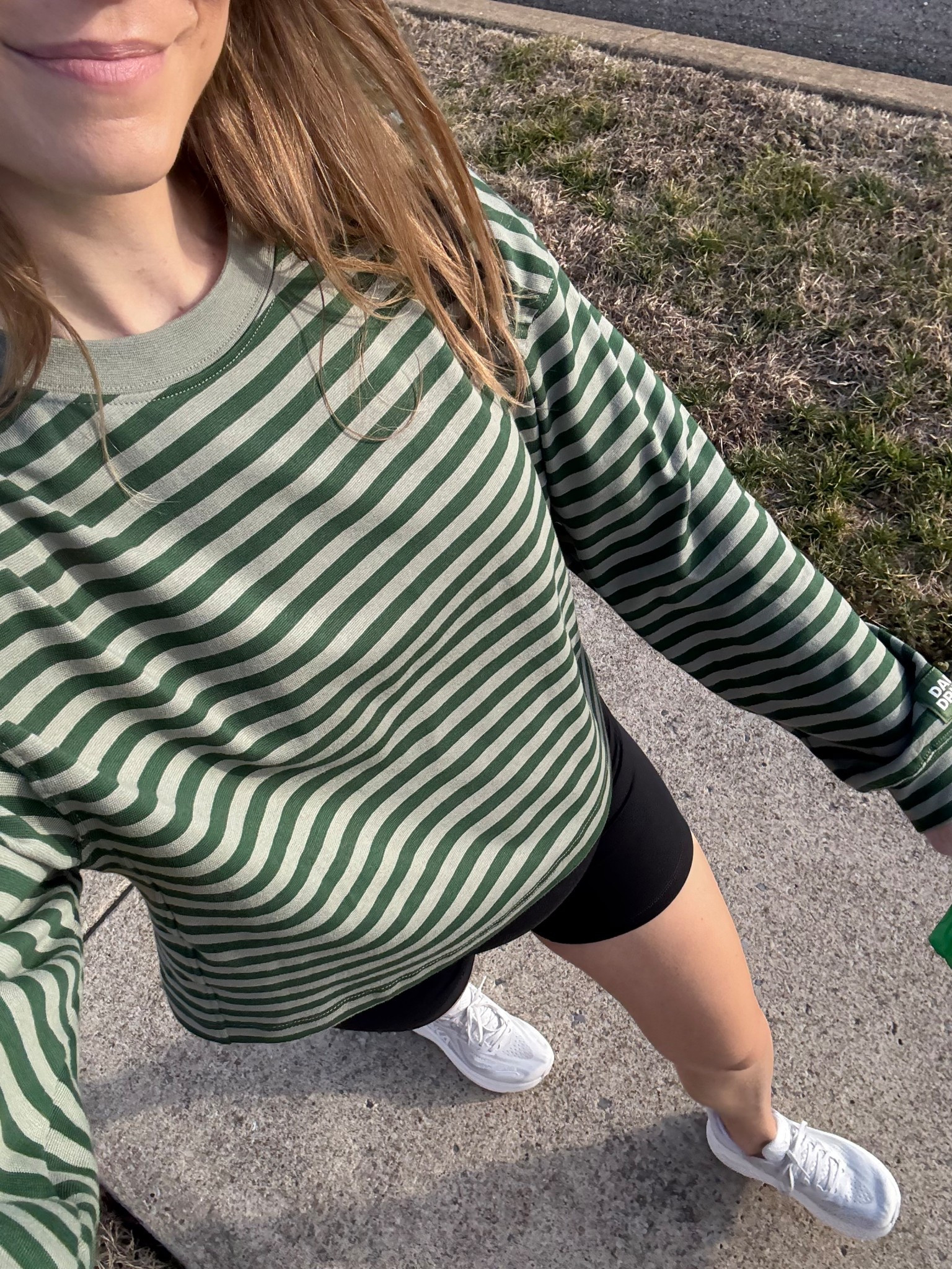 Walk / activewear OOTD 
Stripped green shirt - wearing size xs/s. 
-biker shorts - wearing size small. 

#LTKBump #LTKootd #LTKActive