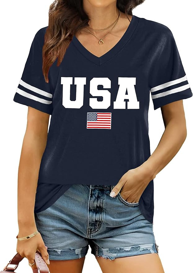 American Flag Shirts Women Patriotic Shirt 4th of July Tee Tops V-Neck Short Sleeve Summer T-Shir... | Amazon (US)