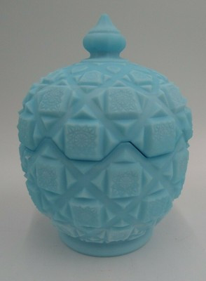 Westmoreland Old Quilt Satin Blue Milk Glass Covered Candy Dish | eBay AU