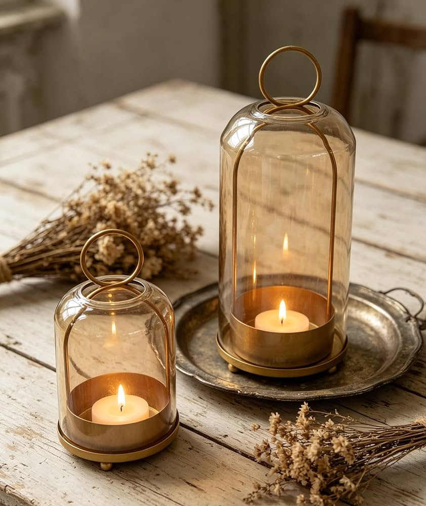 Set of 2 Hurricane Glass Wide Versatile Candle Holders Hanging Brass Metal Candle Holder for Pill... | Amazon (US)