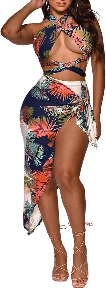 Viottiset Women's Printed 3 Pieces High Waist Bikini Maxi Swimsuit Cover up | Amazon (US)