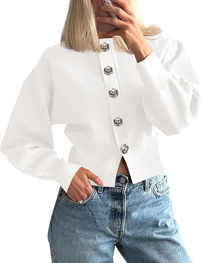 Saodimallsu Womens Button Up Cardigan Sweaters Fall Trendy Long Lantern Sleeve Knit Crew Neck Swe... | Amazon (US)