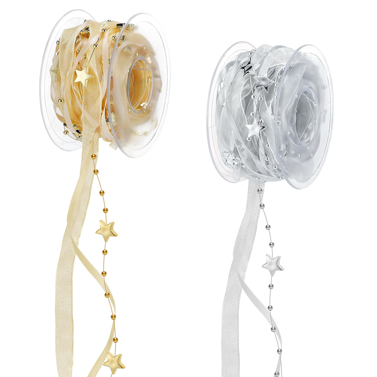 3D Star Christmas Tree Garland Beads - 16.4FT Gold & Silver Christmas Ribbon for Gift Wrapping Cr... | Amazon (US)