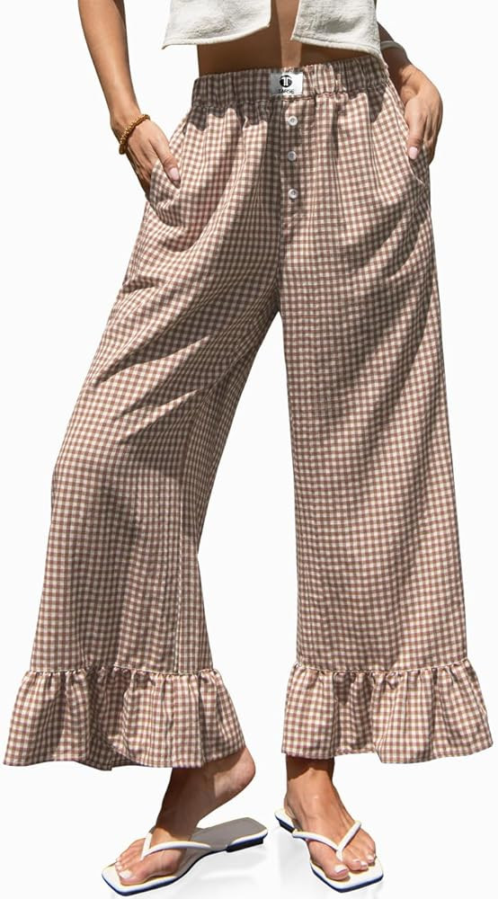 TARSE Women’s Plaid Wide Leg Pants Flared Leg Baggy Drawstring Ruffle Palazzo Pants with Pocket... | Amazon (US)