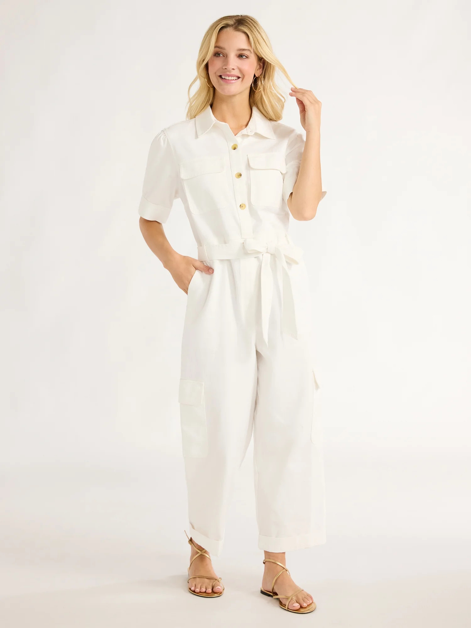 Free Assembly Women’s Cotton Cargo Jumpsuit with Puff Sleeves, 26” Inseam, Sizes XS-XXL | Walmart (US)