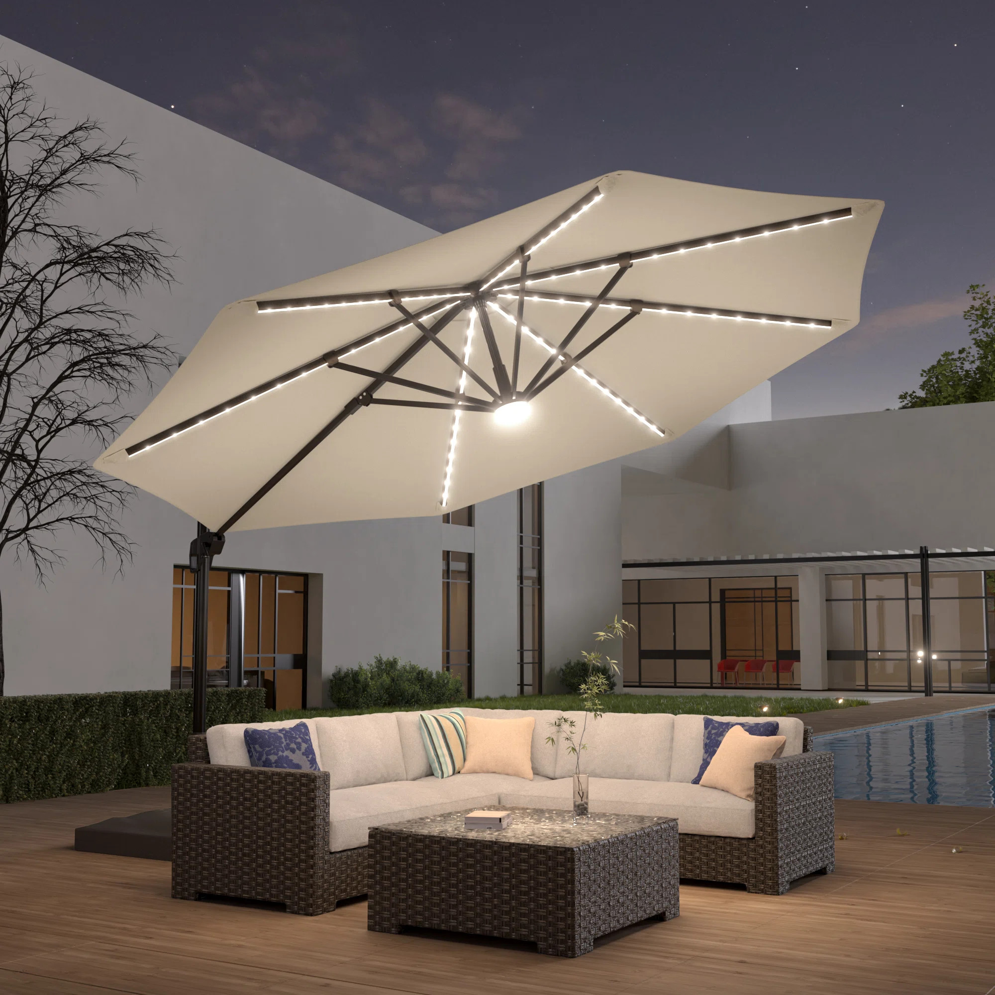 LED Cantilever Outdoor 11 Ft Umbrella With A Base Stand, Patio Offset Aluminum Frame Umbrella | Wayfair North America