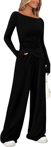 PRETTYGARDEN Women's 2 Piece Lounge Sets Asymmetrical Long Sleeve T Shirt Wide Leg Pants Casual O... | Amazon (CA)
